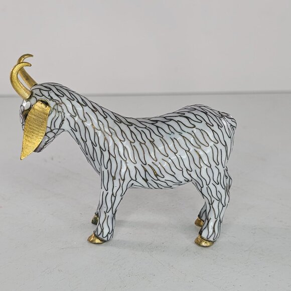 VIntage Cloisonne Enamel Copper Brass Standing Horned Goat Figurine White Gold - Picture 4 of 8